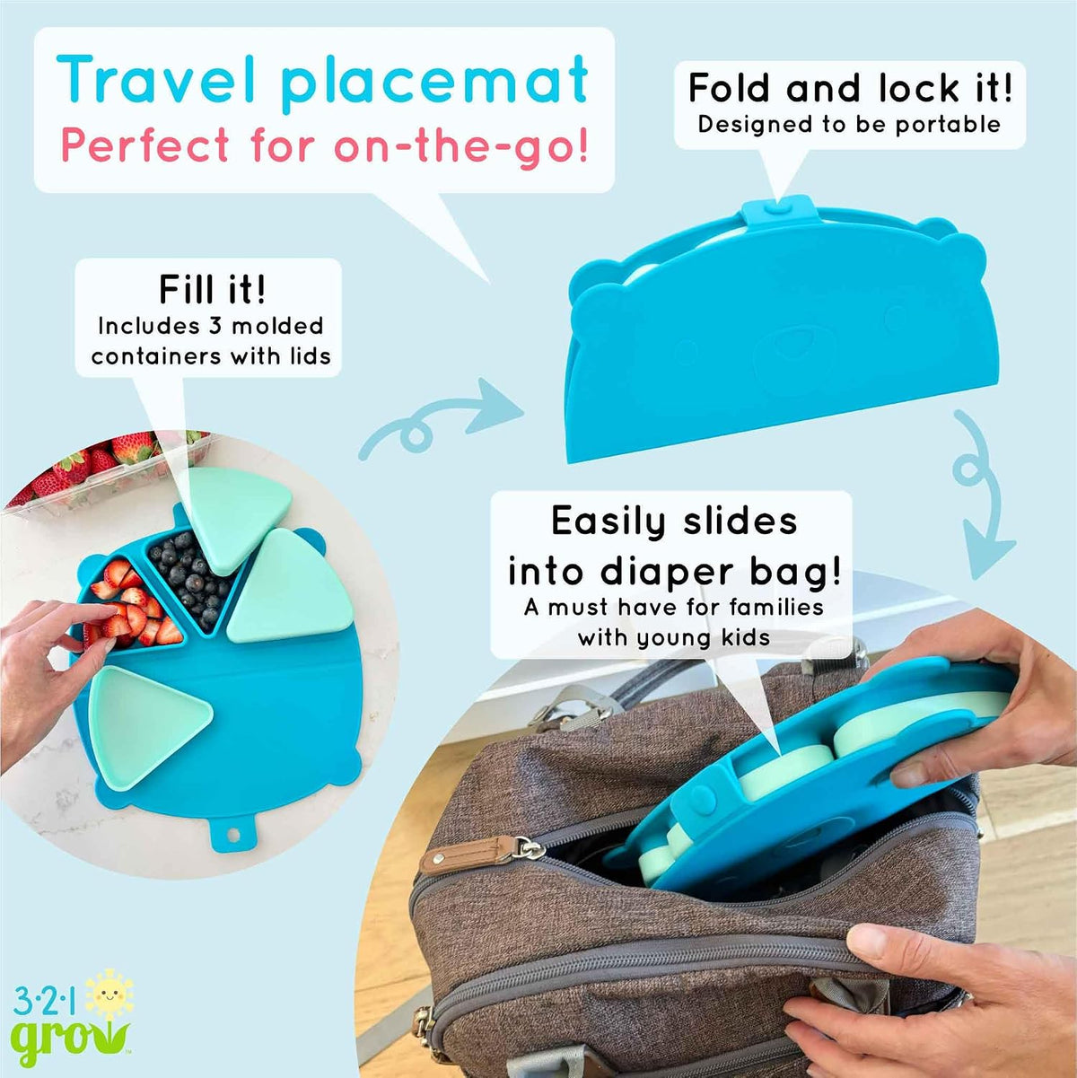 Silicone On-The-Go Snack Mat – Foldable Reusable Placemat with 3 Compartments and Lids – Travel-Friendly Baby and Toddler Snack Plate – Dishwasher Safe (Aqua)
