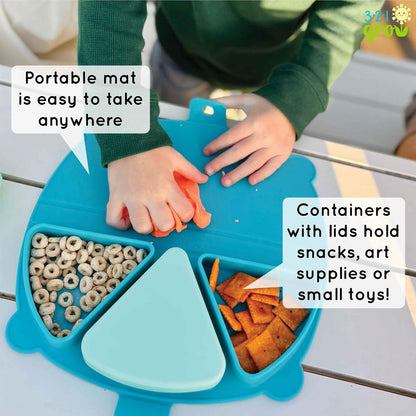 Silicone On-The-Go Snack Mat – Foldable Reusable Placemat with 3 Compartments and Lids – Travel-Friendly Baby and Toddler Snack Plate – Dishwasher Safe (Aqua)