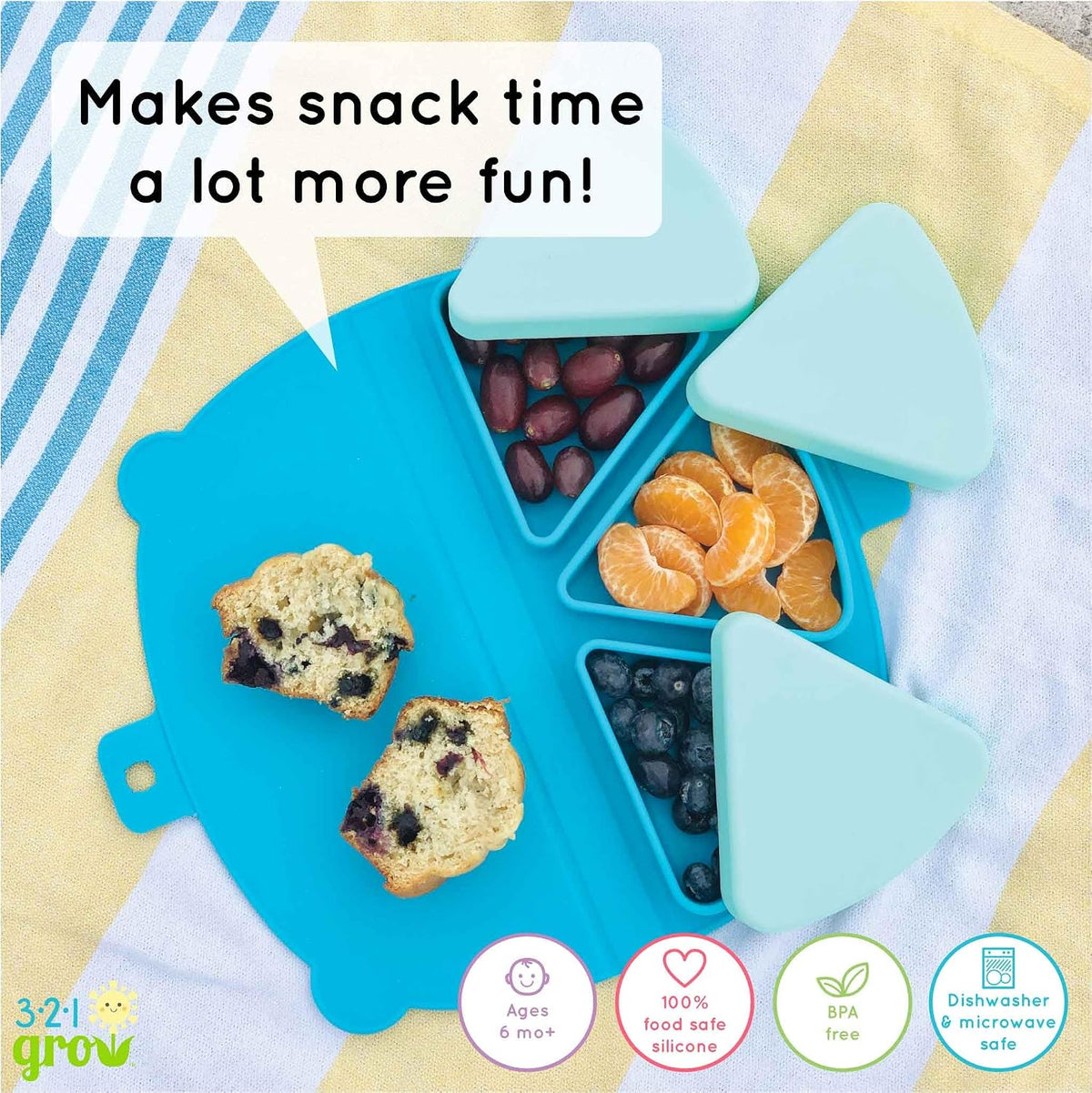 Silicone On-The-Go Snack Mat – Foldable Reusable Placemat with 3 Compartments and Lids – Travel-Friendly Baby and Toddler Snack Plate – Dishwasher Safe (Aqua)
