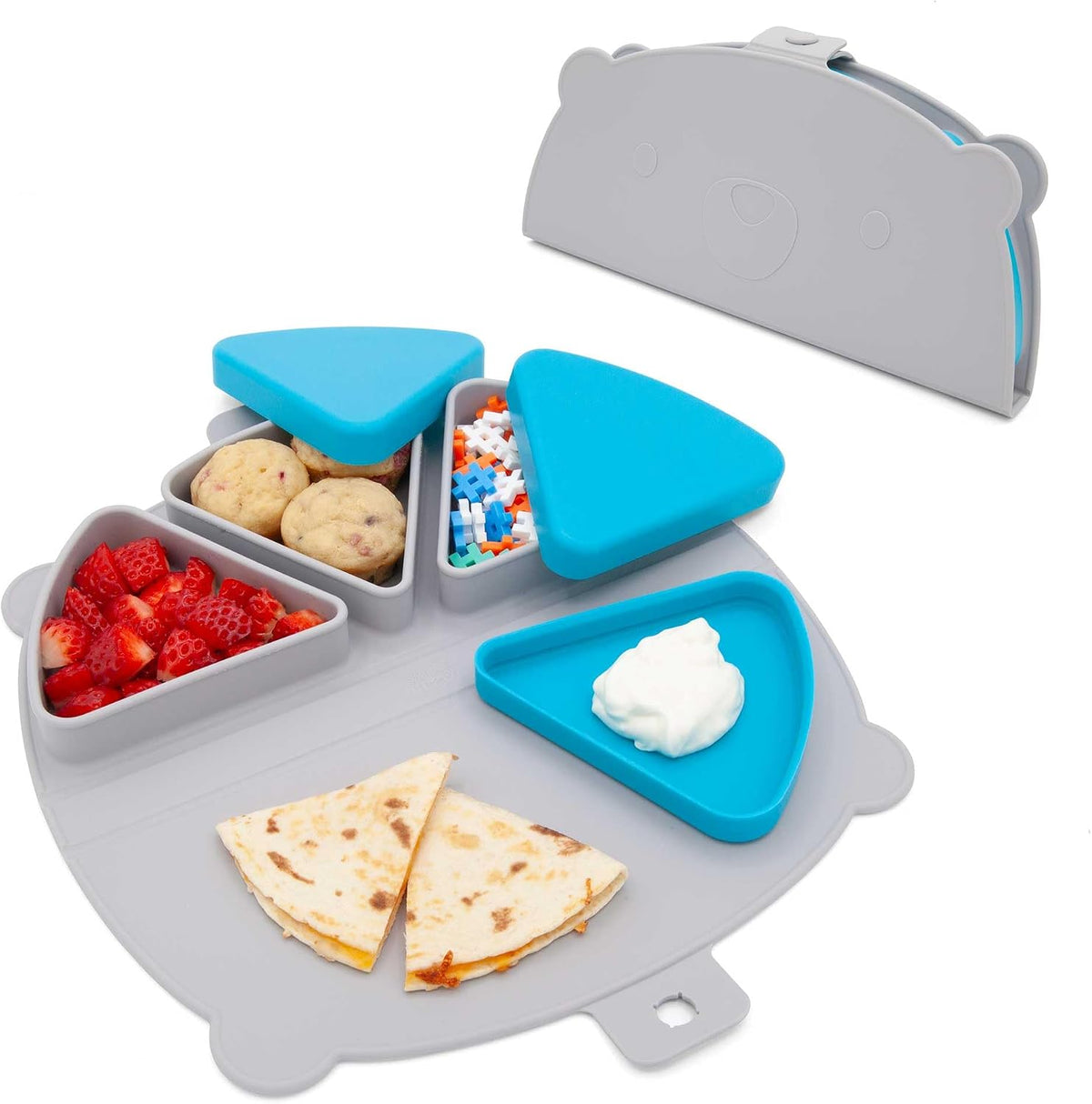 Silicone On-The-Go Snack Mat – Foldable Reusable Placemat with 3 Compartments and Lids – Travel-Friendly Baby and Toddler Snack Plate – Dishwasher Safe (Aqua)