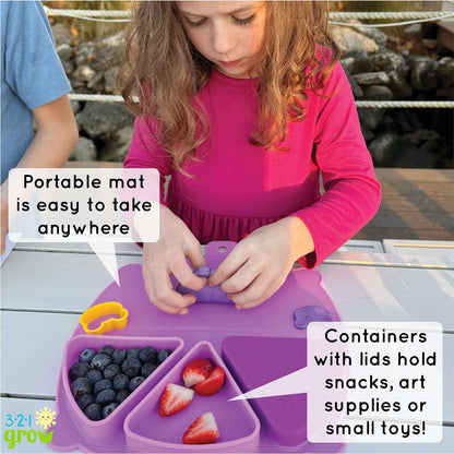 Silicone On-The-Go Snack Mat – Foldable Reusable Placemat with 3 Compartments and Lids – Travel-Friendly Baby and Toddler Snack Plate – Dishwasher Safe (Aqua)