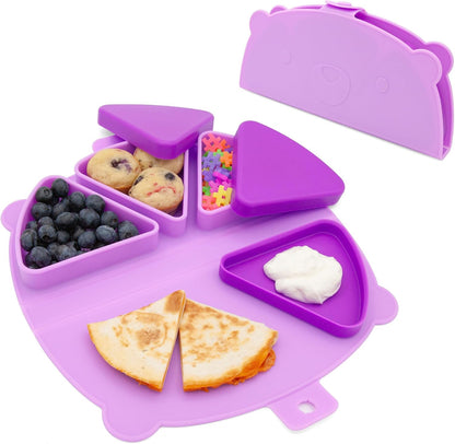 Silicone On-The-Go Snack Mat – Foldable Reusable Placemat with 3 Compartments and Lids – Travel-Friendly Baby and Toddler Snack Plate – Dishwasher Safe (Aqua)