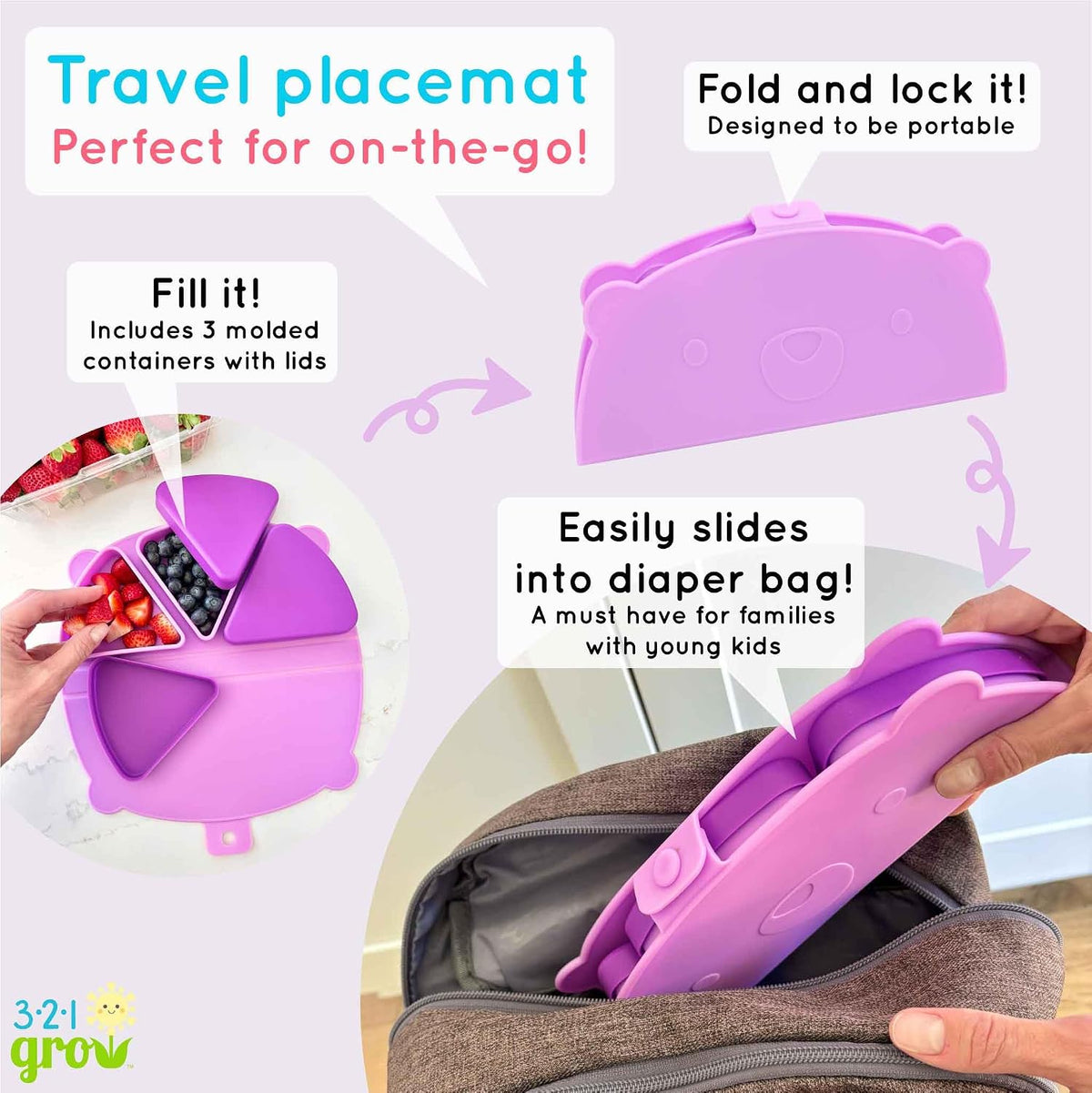 Silicone On-The-Go Snack Mat – Foldable Reusable Placemat with 3 Compartments and Lids – Travel-Friendly Baby and Toddler Snack Plate – Dishwasher Safe (Aqua)