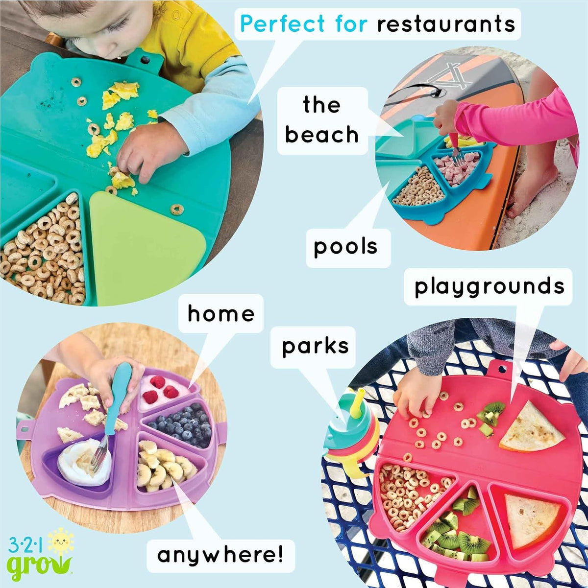 Silicone On-The-Go Snack Mat – Foldable Reusable Placemat with 3 Compartments and Lids – Travel-Friendly Baby and Toddler Snack Plate – Dishwasher Safe (Aqua)