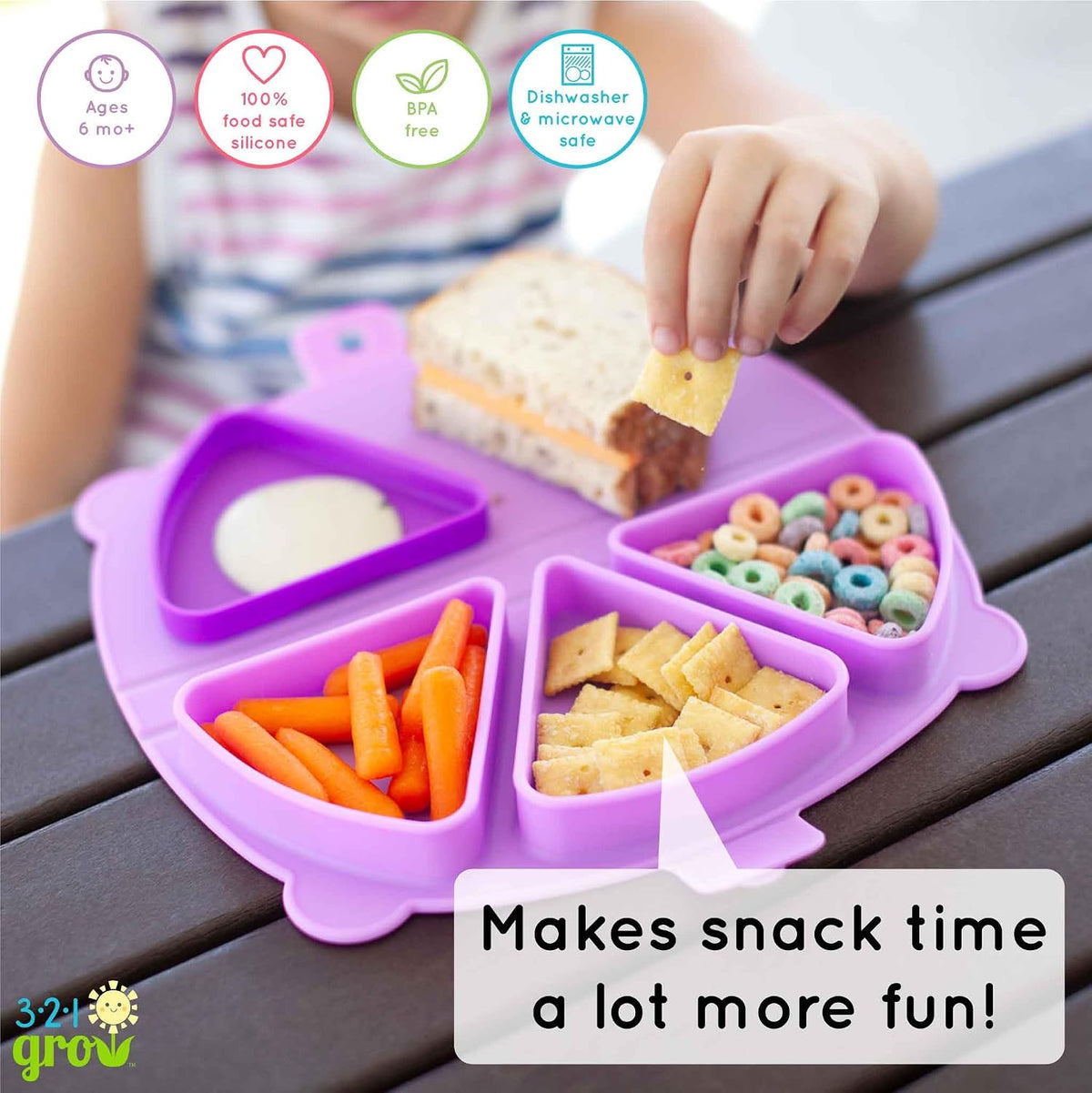 Silicone On-The-Go Snack Mat – Foldable Reusable Placemat with 3 Compartments and Lids – Travel-Friendly Baby and Toddler Snack Plate – Dishwasher Safe (Aqua)