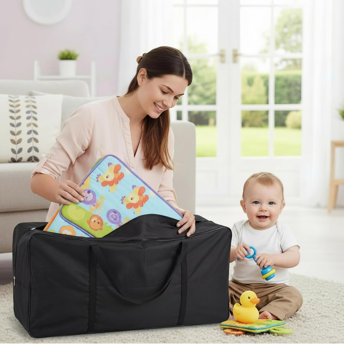Extra Large Storage Bag for Play Mat 29.5 x 15.75 Inch Foldable Play Mat Stroage Bag 600d Waterproof Oxford Portable Handbag, Compatible with Baby Crawling/playing Pad for Travel and Home Storage