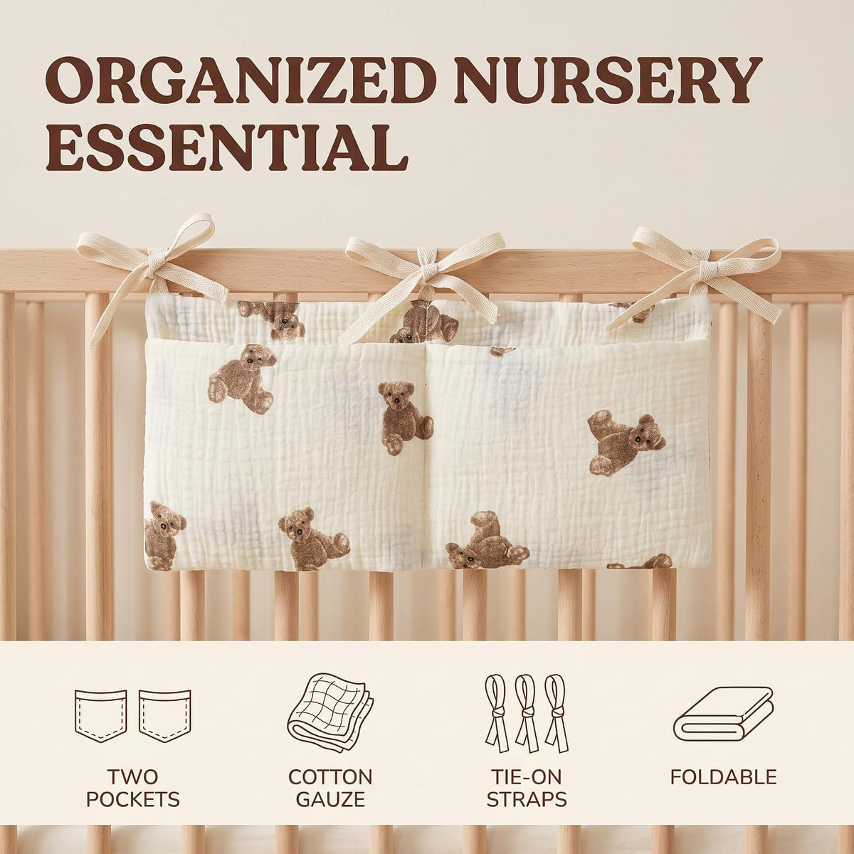 White Bedside Hanging Bags Milk Bottle Bib-Storage Crib Organizer Baby Nappy-Dormitory Bed-Bunk Organizing Bag Nappy- Organizer, Little Bear Nursery Hanging Organizers