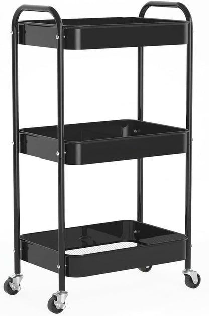 3-Tier Rolling Utility Cart with Ergonomic Handles and Mesh Bottom - Metal Storage Organizer Mobile Shelf Unit on Wheels for Kitchen, Bathroom, Office, Pantry, and Nursery, Black