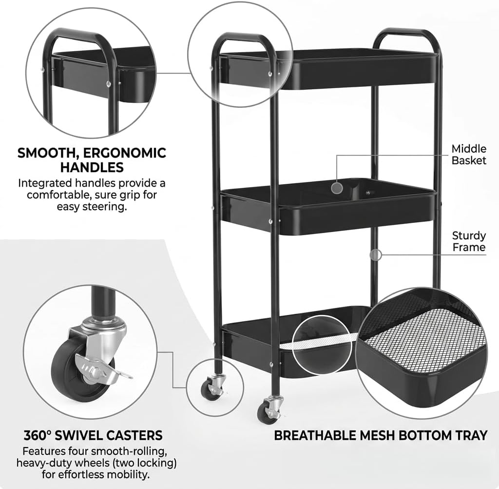 3-Tier Rolling Utility Cart with Ergonomic Handles and Mesh Bottom - Metal Storage Organizer Mobile Shelf Unit on Wheels for Kitchen, Bathroom, Office, Pantry, and Nursery, Black