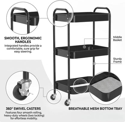 3-Tier Rolling Utility Cart with Ergonomic Handles and Mesh Bottom - Metal Storage Organizer Mobile Shelf Unit on Wheels for Kitchen, Bathroom, Office, Pantry, and Nursery, Black
