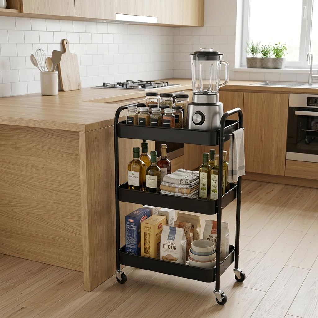 3-Tier Rolling Utility Cart with Ergonomic Handles and Mesh Bottom - Metal Storage Organizer Mobile Shelf Unit on Wheels for Kitchen, Bathroom, Office, Pantry, and Nursery, Black