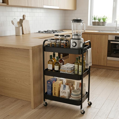 3-Tier Rolling Utility Cart with Ergonomic Handles and Mesh Bottom - Metal Storage Organizer Mobile Shelf Unit on Wheels for Kitchen, Bathroom, Office, Pantry, and Nursery, Black