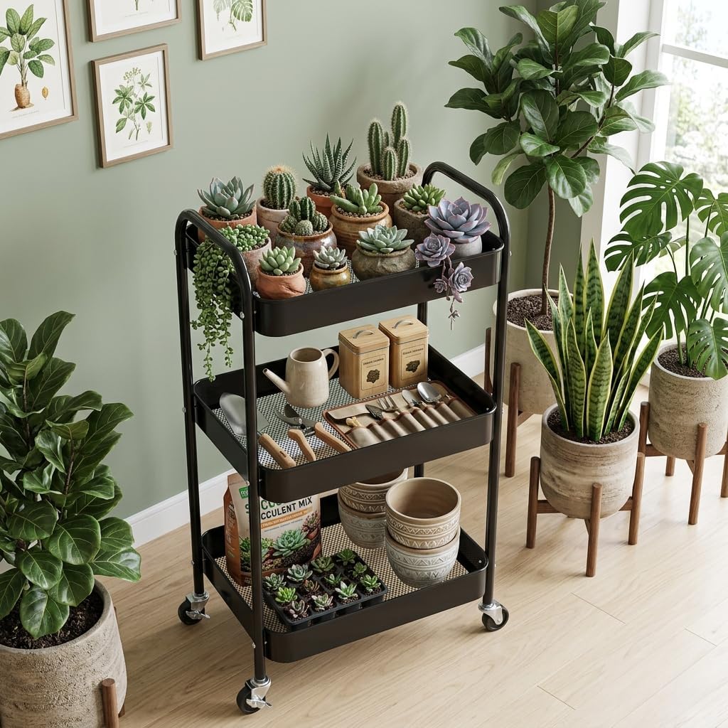 3-Tier Rolling Utility Cart with Ergonomic Handles and Mesh Bottom - Metal Storage Organizer Mobile Shelf Unit on Wheels for Kitchen, Bathroom, Office, Pantry, and Nursery, Black