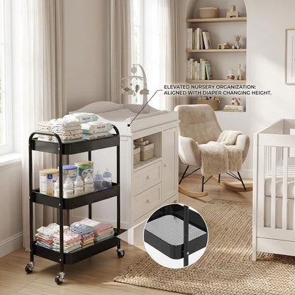3-Tier Rolling Utility Cart with Ergonomic Handles and Mesh Bottom - Metal Storage Organizer Mobile Shelf Unit on Wheels for Kitchen, Bathroom, Office, Pantry, and Nursery, Black