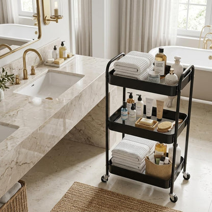 3-Tier Rolling Utility Cart with Ergonomic Handles and Mesh Bottom - Metal Storage Organizer Mobile Shelf Unit on Wheels for Kitchen, Bathroom, Office, Pantry, and Nursery, Black