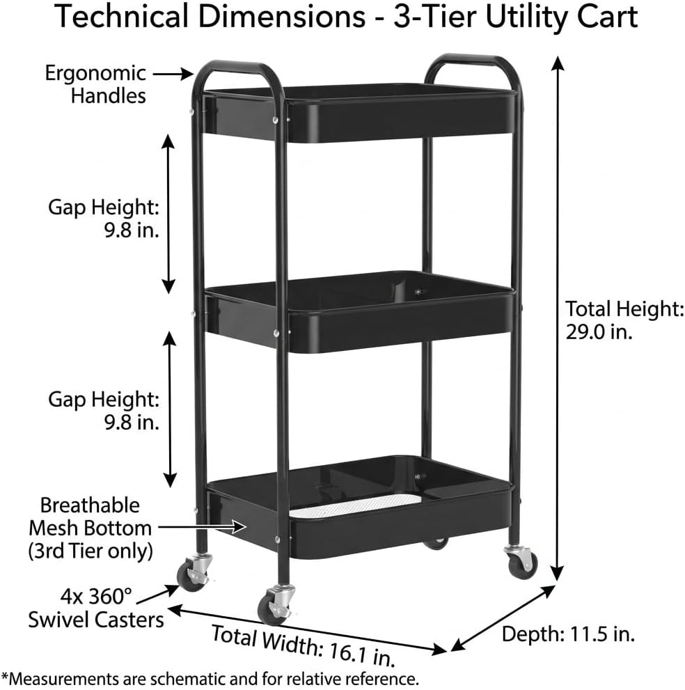 3-Tier Rolling Utility Cart with Ergonomic Handles and Mesh Bottom - Metal Storage Organizer Mobile Shelf Unit on Wheels for Kitchen, Bathroom, Office, Pantry, and Nursery, Black