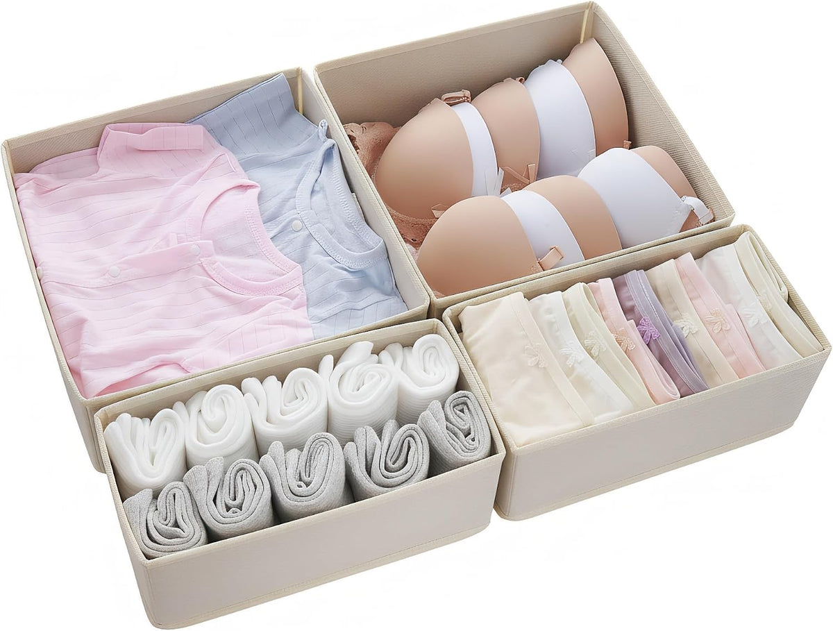 Drawer Organizer for Clothes & Underwear - 4-Pack Fabric Storage Bins with Zipper Bottom | Bra Drawer Organizer & Sock Organizer for Dresser - Foldable Baby Clothes Organizer Set, Grey