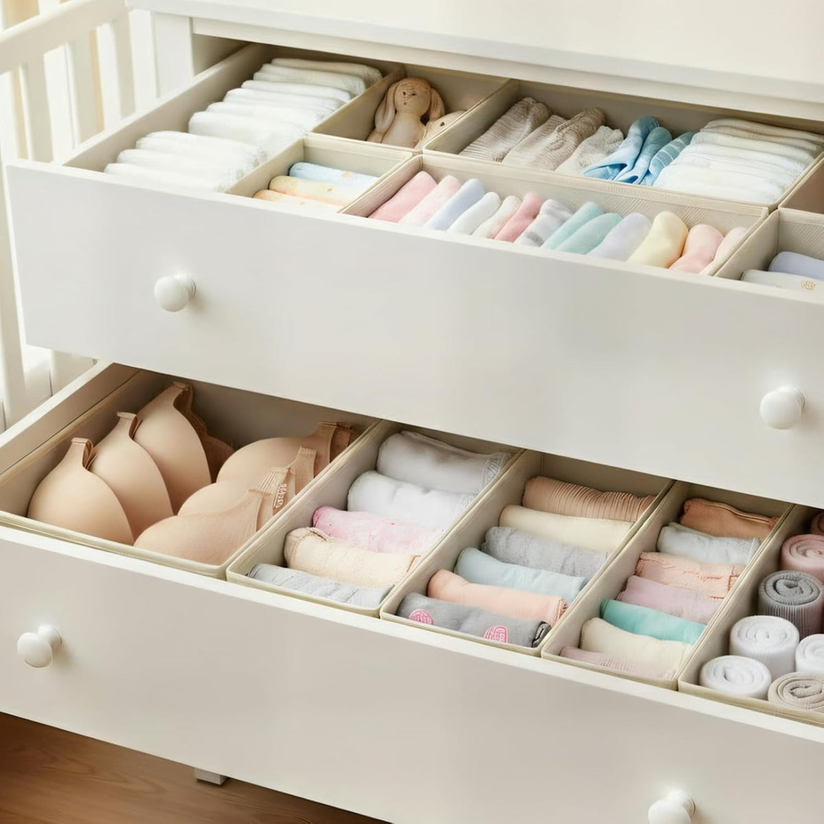 Drawer Organizer for Clothes & Underwear - 4-Pack Fabric Storage Bins with Zipper Bottom | Bra Drawer Organizer & Sock Organizer for Dresser - Foldable Baby Clothes Organizer Set, Grey