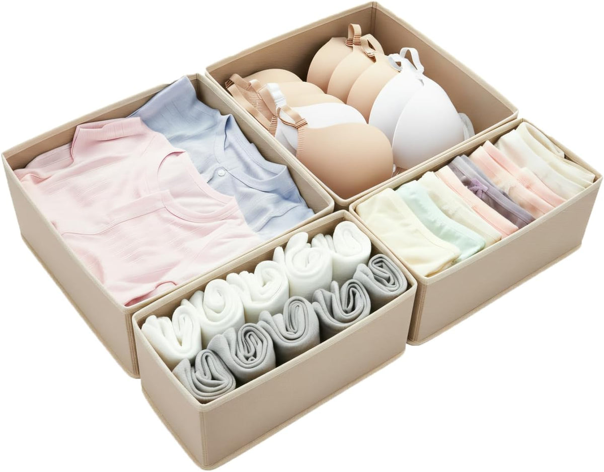 Drawer Organizer for Clothes & Underwear - 4-Pack Fabric Storage Bins with Zipper Bottom | Bra Drawer Organizer & Sock Organizer for Dresser - Foldable Baby Clothes Organizer Set, Grey