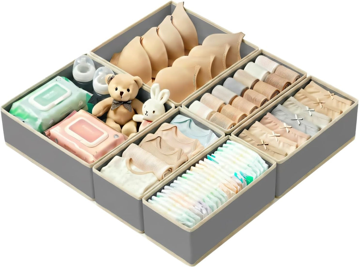 Drawer Organizer for Clothes & Underwear - 4-Pack Fabric Storage Bins with Zipper Bottom | Bra Drawer Organizer & Sock Organizer for Dresser - Foldable Baby Clothes Organizer Set, Grey
