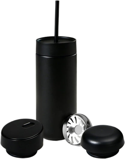 Minimalist Desk Mug for Calming Coffee and Tea Rituals,16oz Vacuum Insulated Stainless Steel Tumbler with 3-in-1 Interchangeable Lids & Strainer (Light Blue)