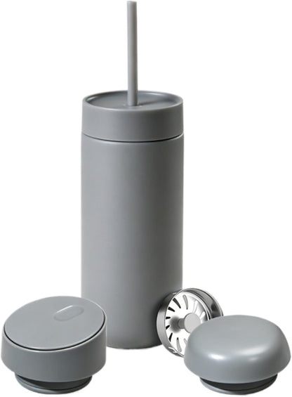 Minimalist Desk Mug for Calming Coffee and Tea Rituals,16oz Vacuum Insulated Stainless Steel Tumbler with 3-in-1 Interchangeable Lids & Strainer (Light Blue)