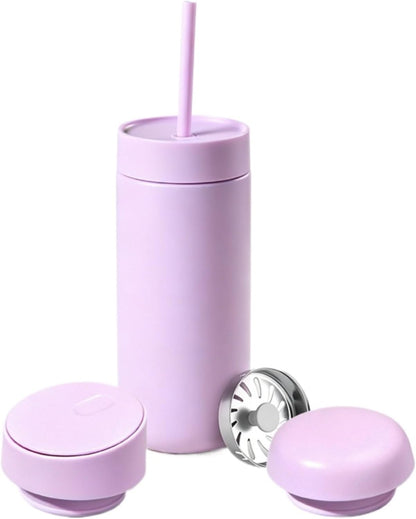 Minimalist Desk Mug for Calming Coffee and Tea Rituals,16oz Vacuum Insulated Stainless Steel Tumbler with 3-in-1 Interchangeable Lids & Strainer (Light Blue)