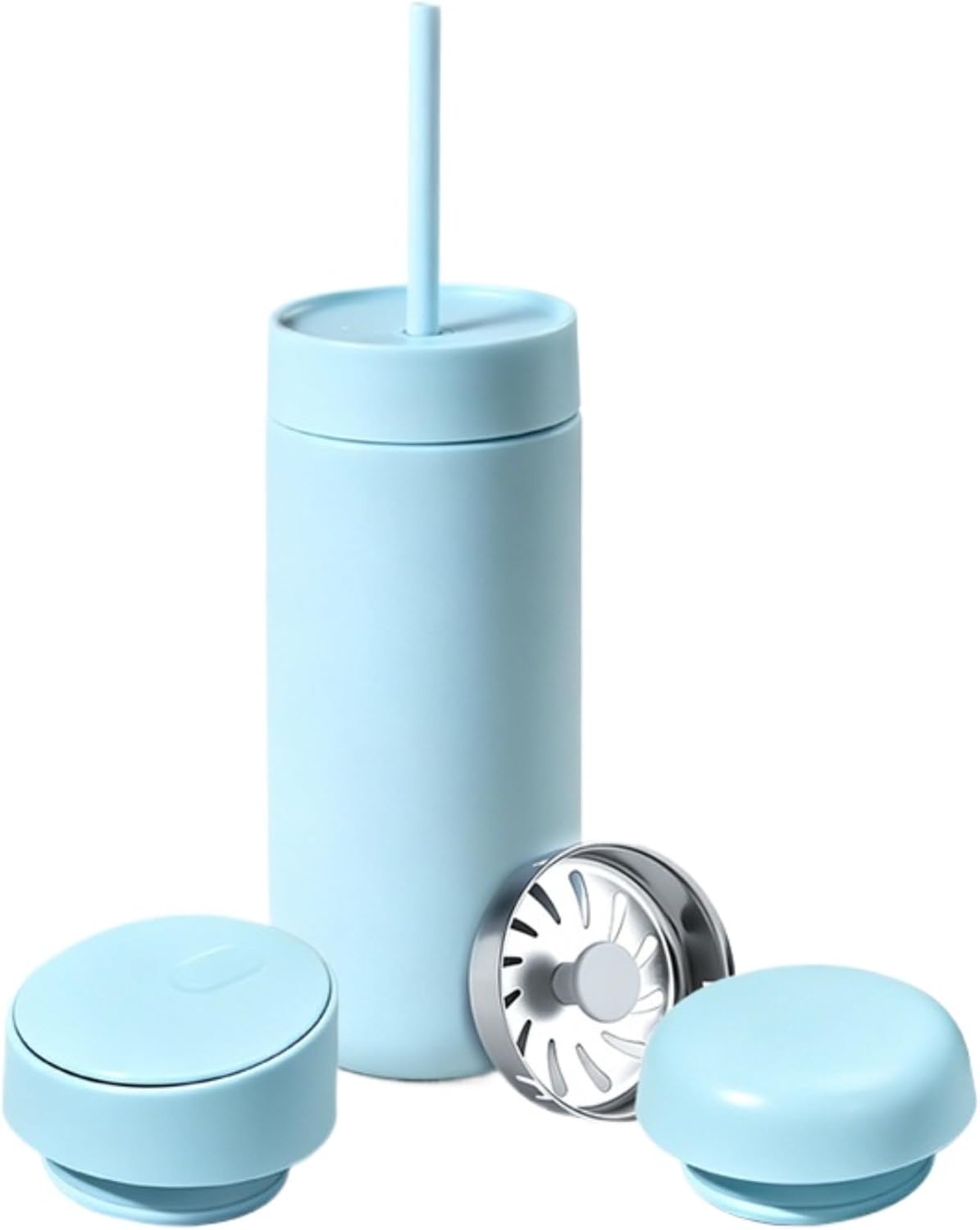 Minimalist Desk Mug for Calming Coffee and Tea Rituals,16oz Vacuum Insulated Stainless Steel Tumbler with 3-in-1 Interchangeable Lids & Strainer (Light Blue)