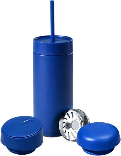 Minimalist Desk Mug for Calming Coffee and Tea Rituals,16oz Vacuum Insulated Stainless Steel Tumbler with 3-in-1 Interchangeable Lids & Strainer (Light Blue)