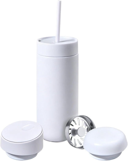 Minimalist Desk Mug for Calming Coffee and Tea Rituals,16oz Vacuum Insulated Stainless Steel Tumbler with 3-in-1 Interchangeable Lids & Strainer (Light Blue)