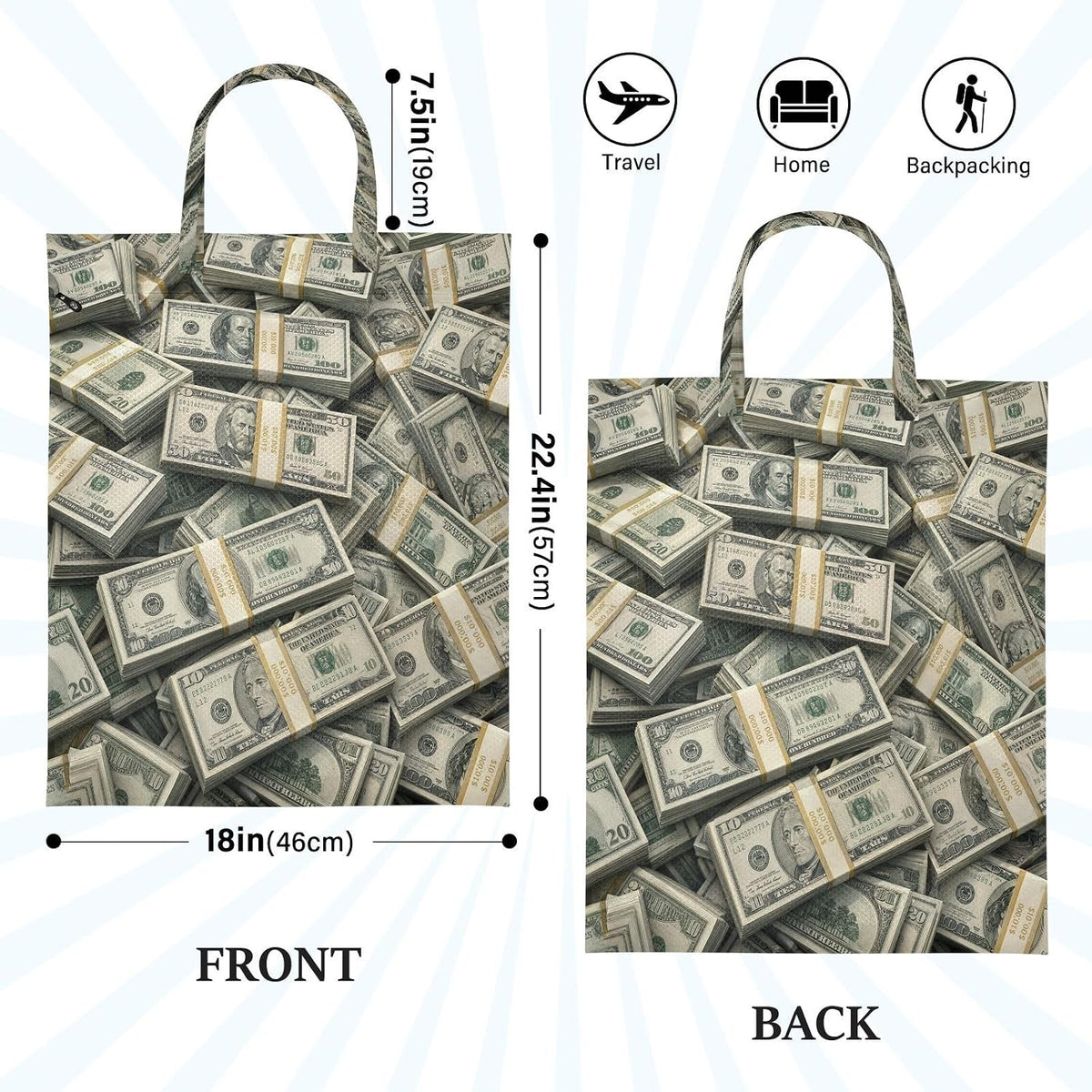Cash Money Waterproof Travel Laundry Bag Reusable 2pk