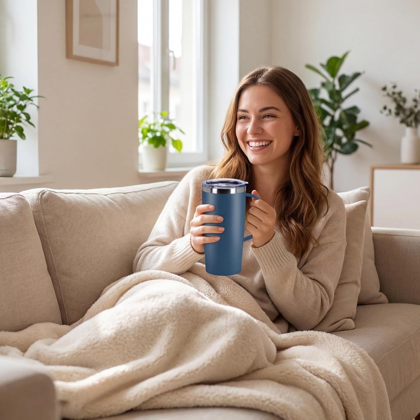 19oz Insulated Coffee Mug with Handle, Double Wall Vacuum Stainless Steel Travel Coffee Tumbler, Blue