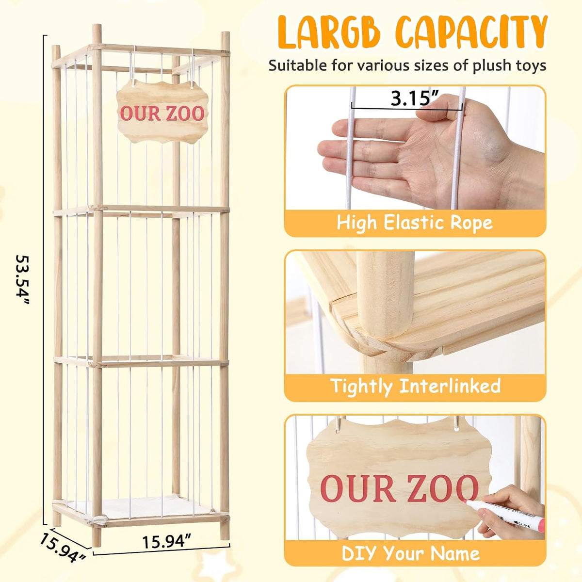 Stuffed Animal Storage & Organizer, Wooden Large Capacity Stuffed Animal Zoo with Elastic Cords, Sturdy Space-Saving Plushie Toy Shelf Cage Tower for Bedroom Playroom Nursery 54 in, Easy to Install