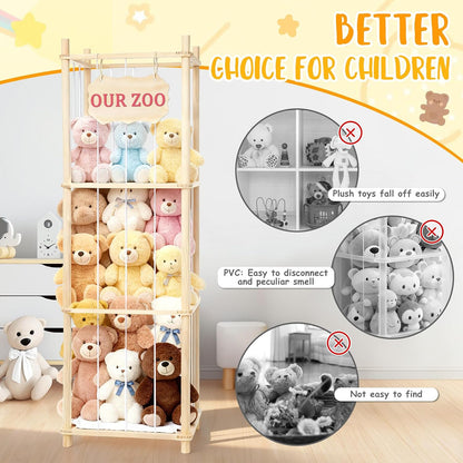 Stuffed Animal Storage & Organizer, Wooden Large Capacity Stuffed Animal Zoo with Elastic Cords, Sturdy Space-Saving Plushie Toy Shelf Cage Tower for Bedroom Playroom Nursery 54 in, Easy to Install