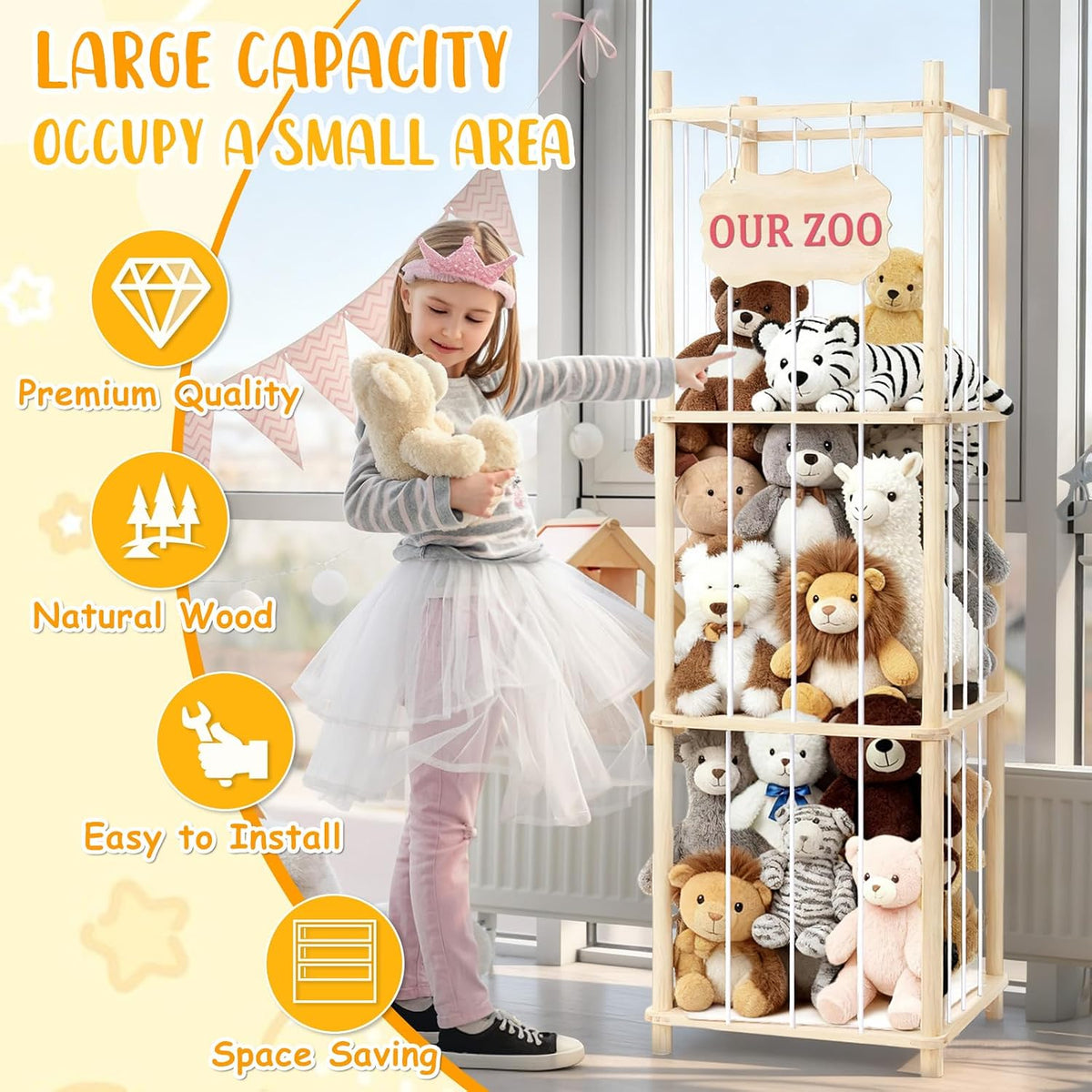 Stuffed Animal Storage & Organizer, Wooden Large Capacity Stuffed Animal Zoo with Elastic Cords, Sturdy Space-Saving Plushie Toy Shelf Cage Tower for Bedroom Playroom Nursery 54 in, Easy to Install