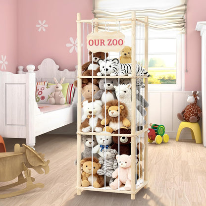 Stuffed Animal Storage & Organizer, Wooden Large Capacity Stuffed Animal Zoo with Elastic Cords, Sturdy Space-Saving Plushie Toy Shelf Cage Tower for Bedroom Playroom Nursery 54 in, Easy to Install