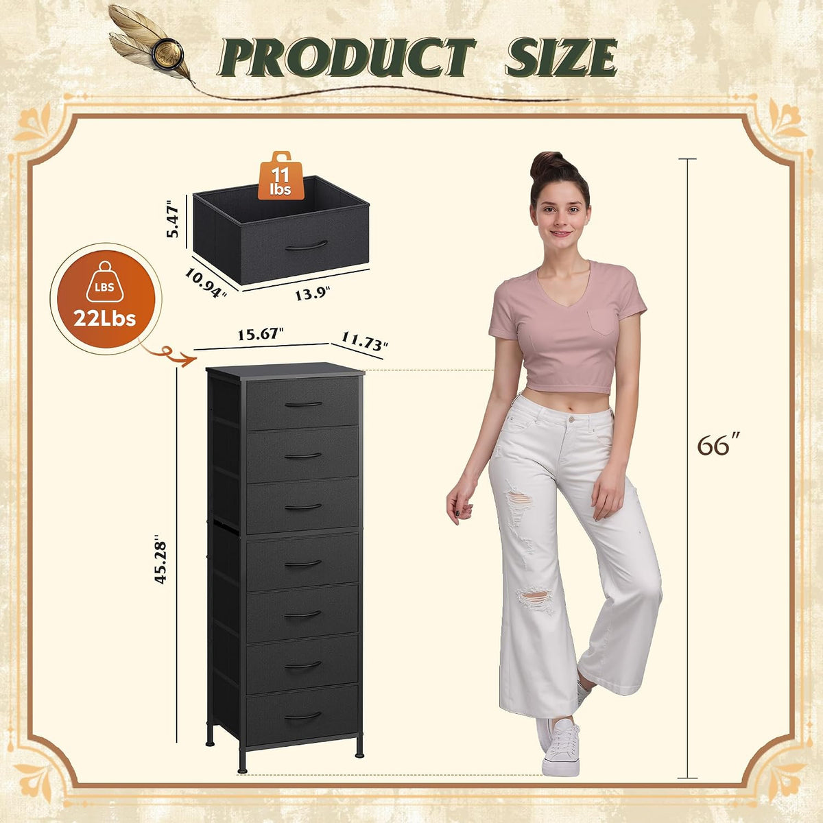 Tall Dresser for Bedroom, 7 Drawer Dresser, Black