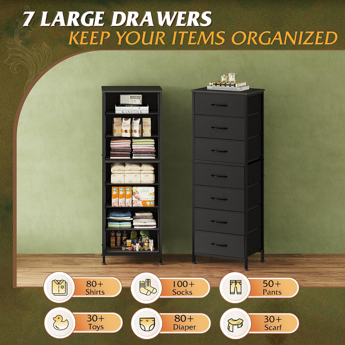 Tall Dresser for Bedroom, 7 Drawer Dresser, Black