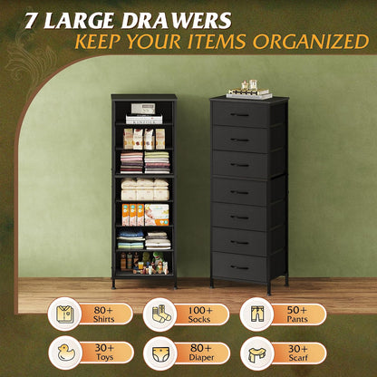 Tall Dresser for Bedroom, 7 Drawer Dresser, Black