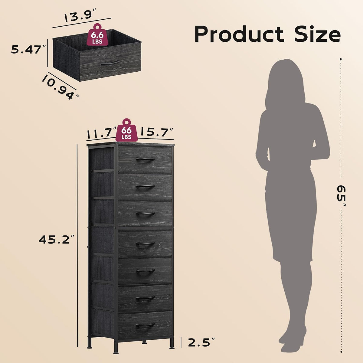 Tall Dresser for Bedroom, 7 Drawer Dresser, Black