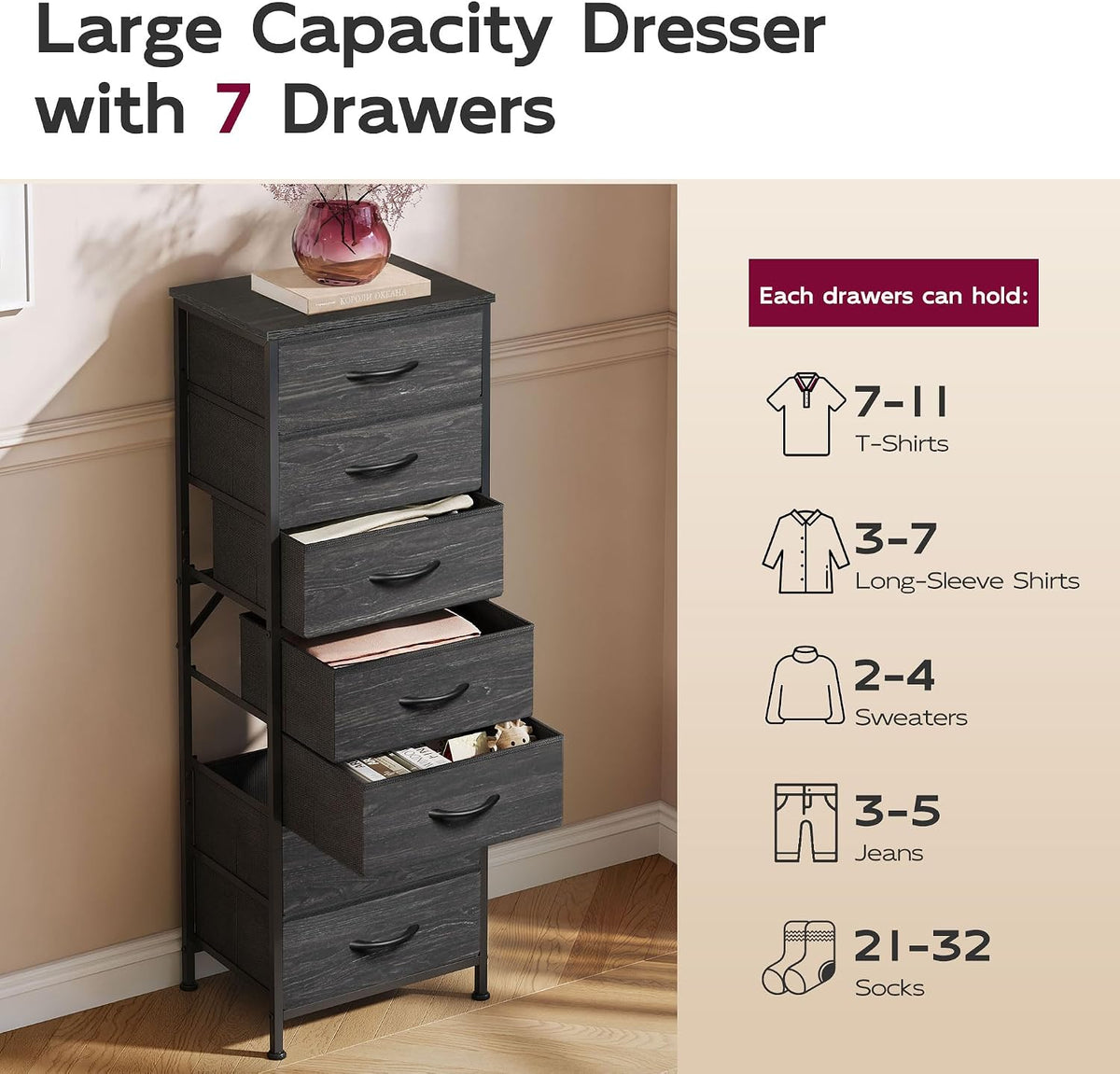 Tall Dresser for Bedroom, 7 Drawer Dresser, Black
