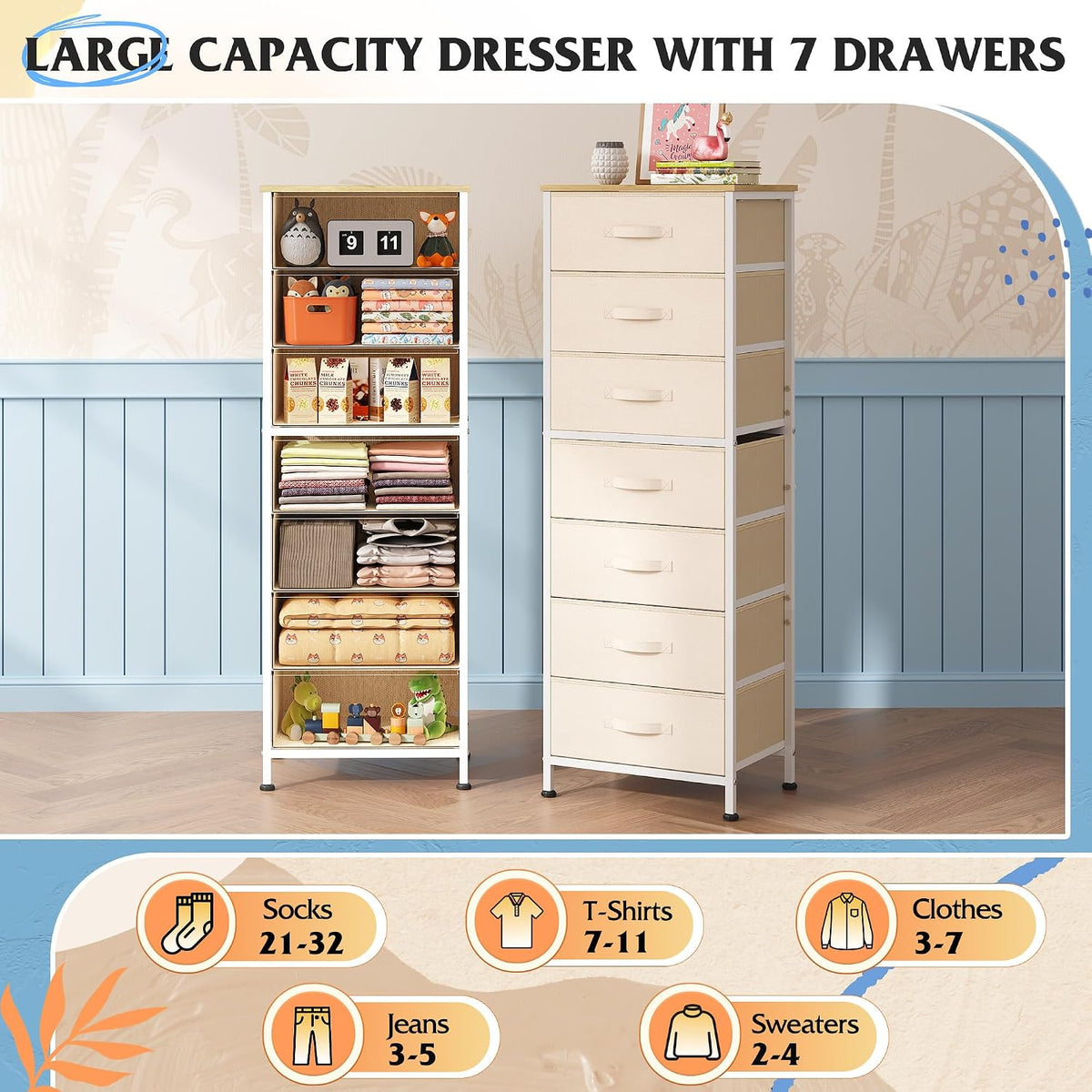 Tall Dresser for Bedroom, 7 Drawer Dresser, Black