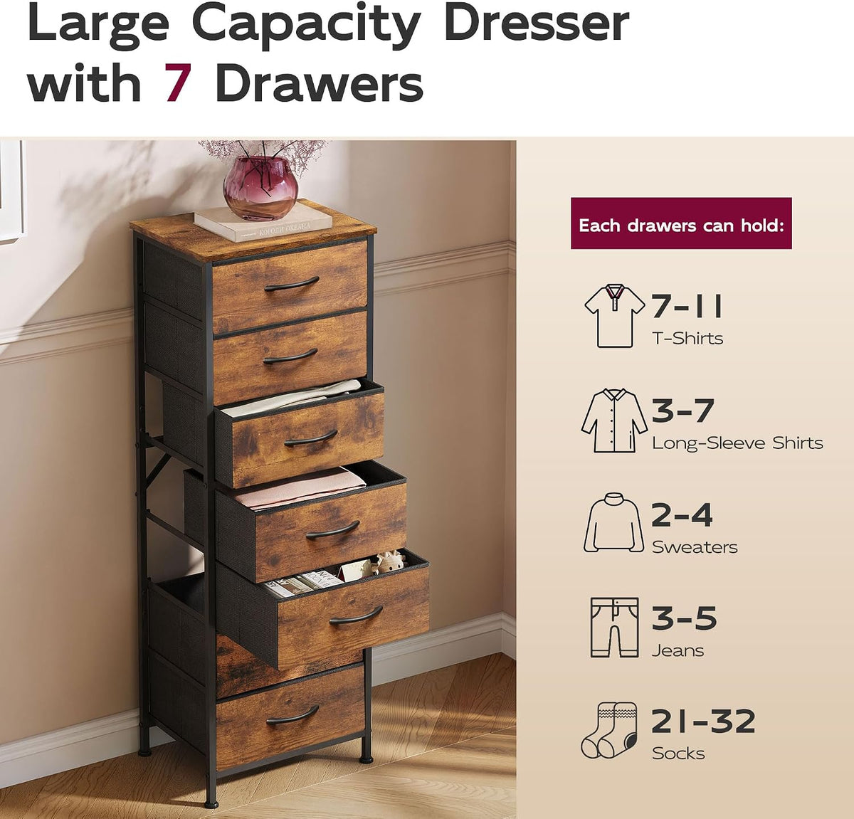 Tall Dresser for Bedroom, 7 Drawer Dresser, Black