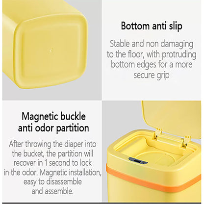 Smart Odor-Resistant Diaper Pail Trash Can with Motion Sensor Lid, Double Seal Odor Control, Removable Inner Shield, Battery Operated Bin,Quiet Auto Open Close,Home Hygiene Organizer (Yellow)