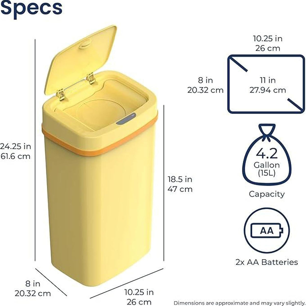 Smart Odor-Resistant Diaper Pail Trash Can with Motion Sensor Lid, Double Seal Odor Control, Removable Inner Shield, Battery Operated Bin,Quiet Auto Open Close,Home Hygiene Organizer (Yellow)