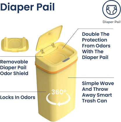 Smart Odor-Resistant Diaper Pail Trash Can with Motion Sensor Lid, Double Seal Odor Control, Removable Inner Shield, Battery Operated Bin,Quiet Auto Open Close,Home Hygiene Organizer (Yellow)