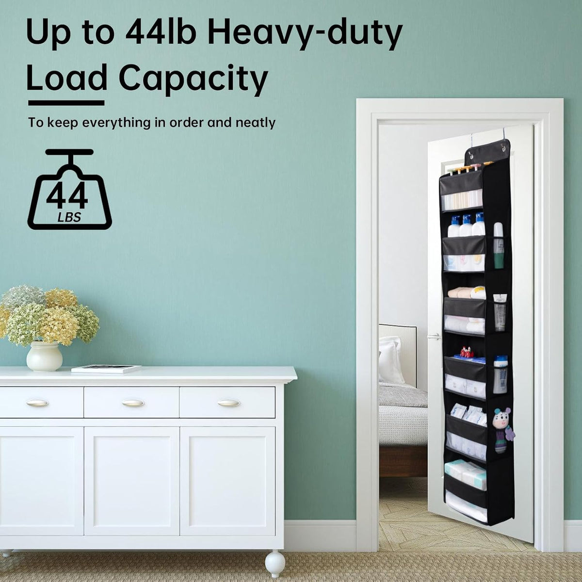 Premium Over The Door Organizer 6 Large Pockets, 150D Extra Thick,50 lbs Hanging Organizer Storage, Behind Door Closet Organizer and Storage for Nursery, Bedroom, Bathroom, Black
