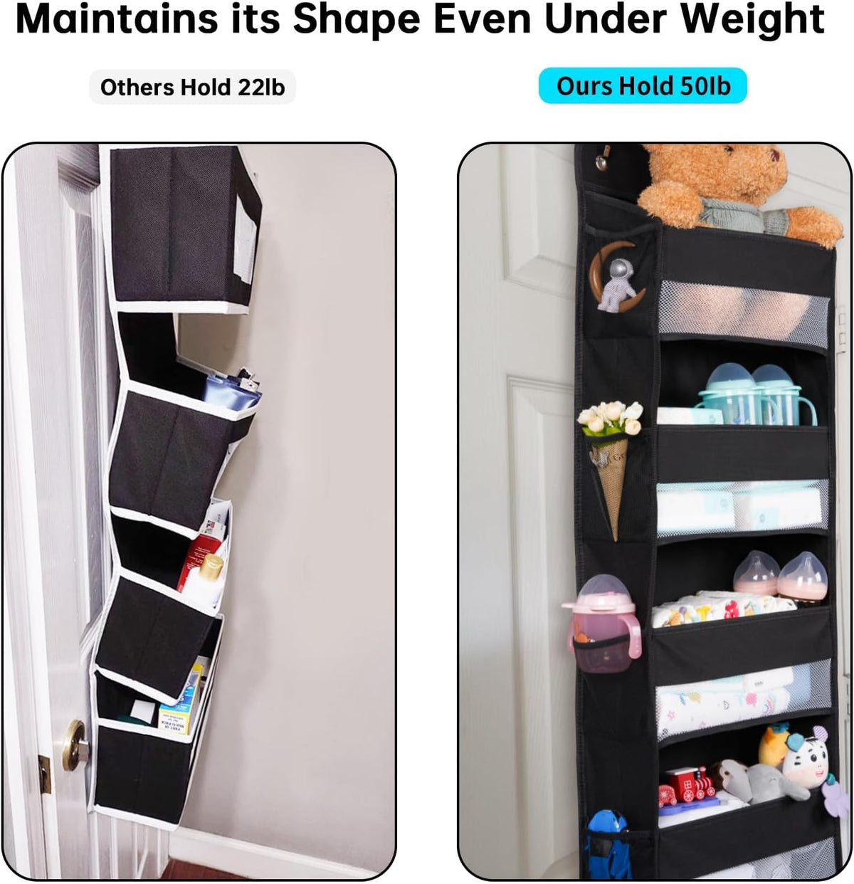 Premium Over The Door Organizer 6 Large Pockets, 150D Extra Thick,50 lbs Hanging Organizer Storage, Behind Door Closet Organizer and Storage for Nursery, Bedroom, Bathroom, Black