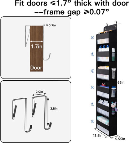 Premium Over The Door Organizer 6 Large Pockets, 150D Extra Thick,50 lbs Hanging Organizer Storage, Behind Door Closet Organizer and Storage for Nursery, Bedroom, Bathroom, Black