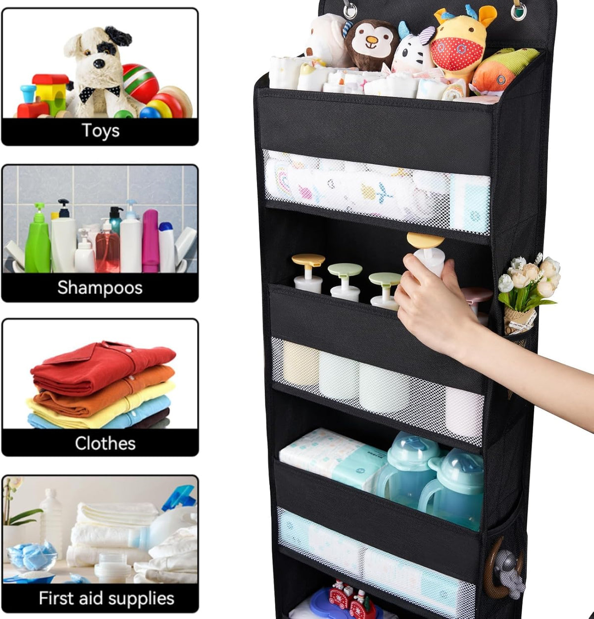 Premium Over The Door Organizer 6 Large Pockets, 150D Extra Thick,50 lbs Hanging Organizer Storage, Behind Door Closet Organizer and Storage for Nursery, Bedroom, Bathroom, Black